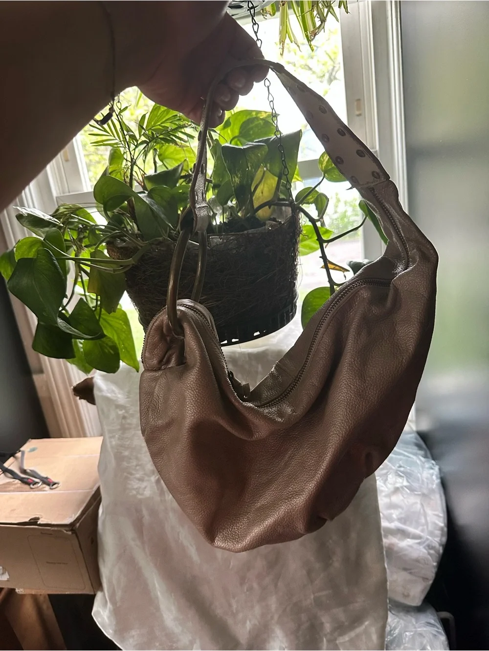 Express Nude Leather Pebbled Hobo Bag with Studded Strap